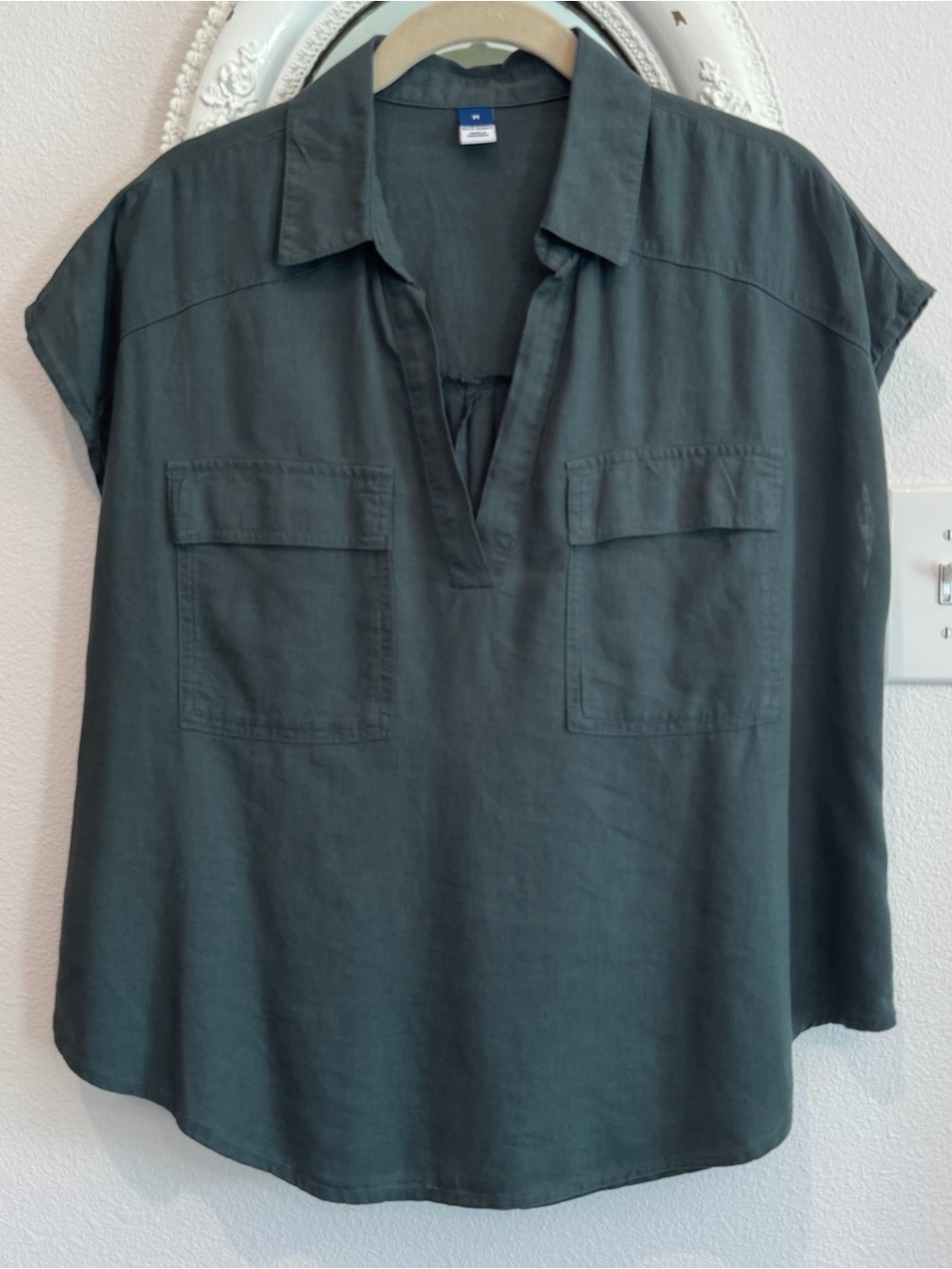 Old Navy Linen Blend Jade Drop Shoulder Short-Sleeve Collared Split Neck Top M